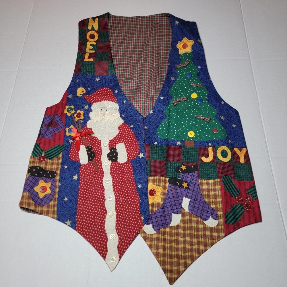 Homemade Reversable Christmas‎ Vest Colorful Buttons Santa Noel Snowman